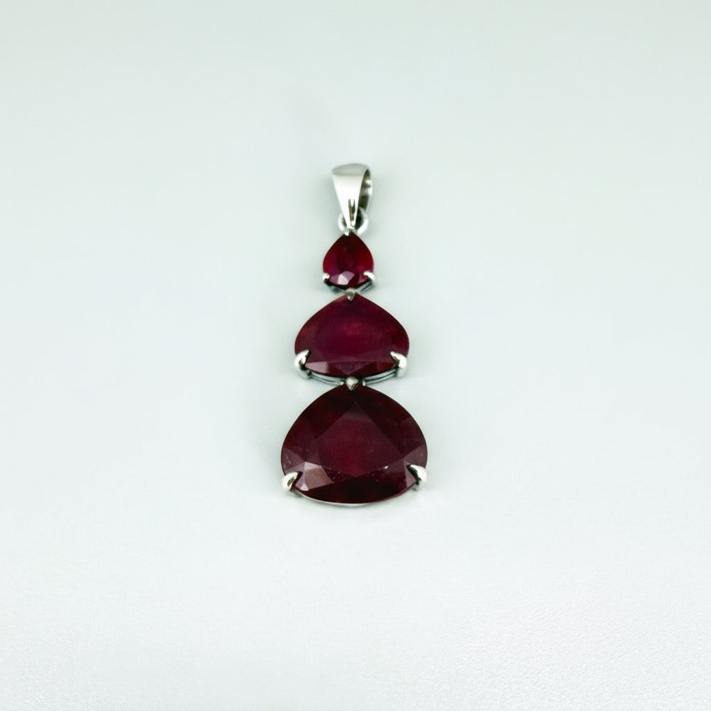 White Gold plated Silver Pendant with 3 large Rubies