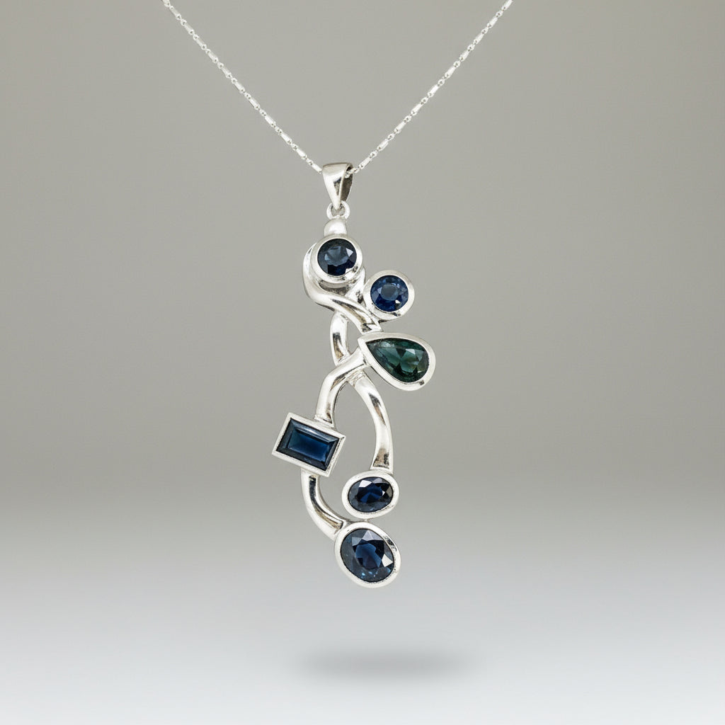 Handmade pendant with 14.68 ct natural blue sapphires set in white-gold-plated sterling silver.