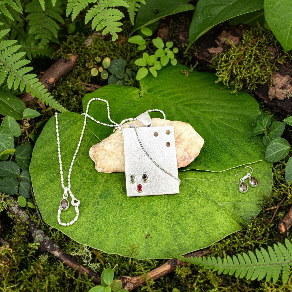 Handcrafted rectangular silver pendant with three natural tourmalines in green, pink, and yellow (2.16 ct total).