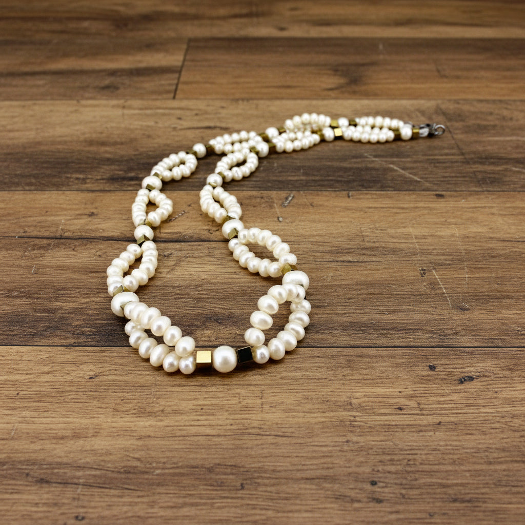 Pearl necklace on a wooden surface