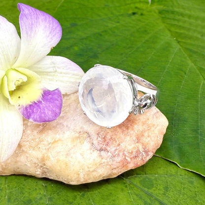 Handcrafted white gold-plated silver ring featuring a large 26.47 ct faceted white quartz gemstone.