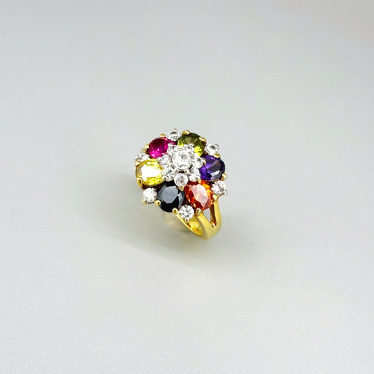 Tourmaline cluster ring in gold plated sterling silver, featuring faceted pink, green, and yellow gemstones, elegant and colorful design.