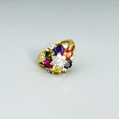 Tourmaline cluster ring in gold plated sterling silver, featuring faceted pink, green, and yellow gemstones, elegant and colorful design.