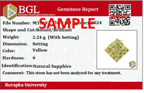 BGL Gemstone Report from Burapha University Chanthaburi showing gem identification, treatment status and photo for authenticity verification.