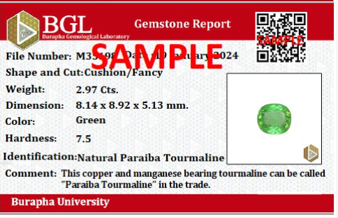 BGL gemstone report with photo and analytical results confirming authenticity, gem composition and treatment status, issued by Burapha University Chanthaburi.