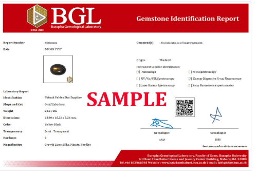 BGL gemstone identification report with origin determination, showing advanced lab results, gem photo, and signatures of two certified gemologists.