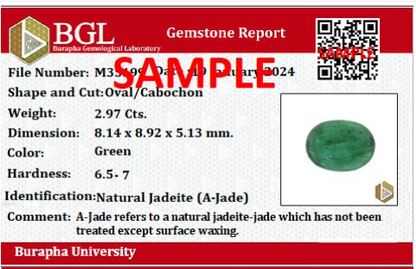 BGL gemstone report with photo and analytical results confirming authenticity, gem composition and treatment status, issued by Burapha University Chanthaburi.