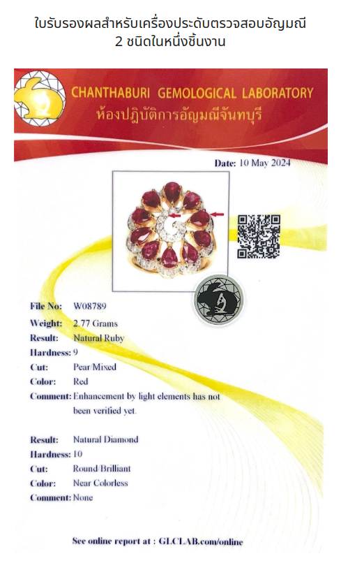 Chanthaburi Gemological Laboratory certificate for 2 gemstone types set in jewelry