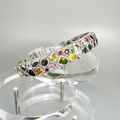 White gold plated silver bangle with  Sapphire multicolor 