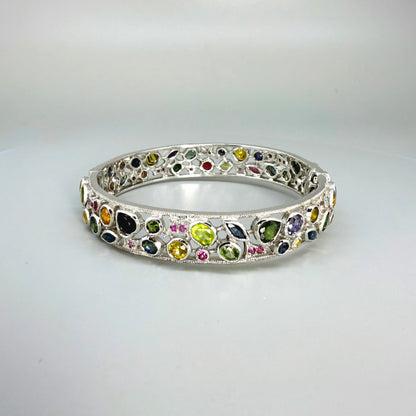 White gold plated silver bangle with  Sapphire multicolor 