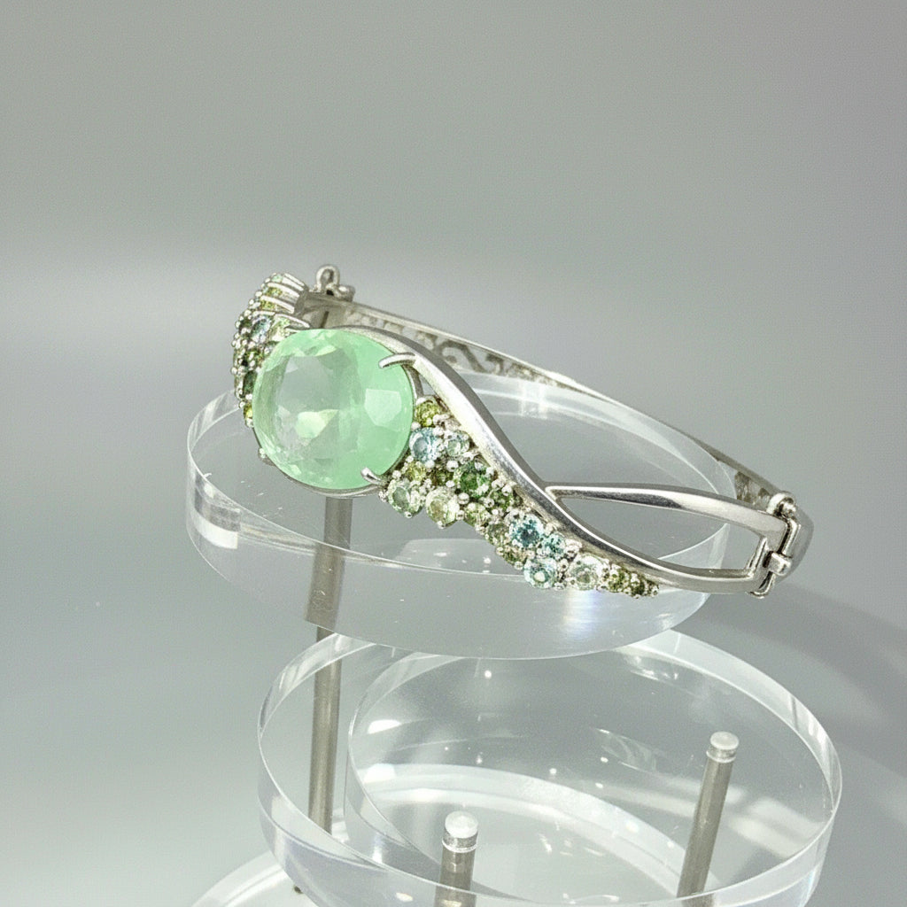 Fluorite and sapphire silver bangle plated in white gold