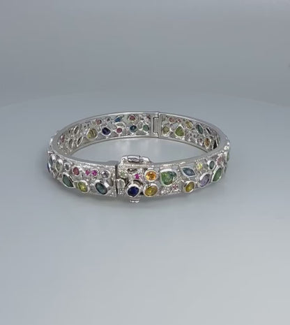 White gold plated silver Bangle with multicolor sapphires