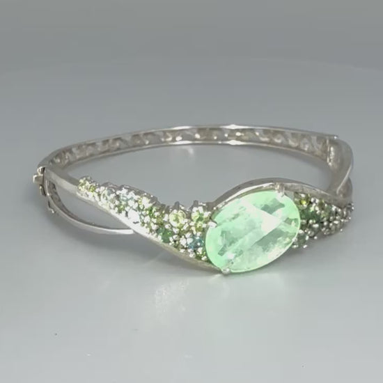 Fluorite and sapphire silver bangle plated in white gold