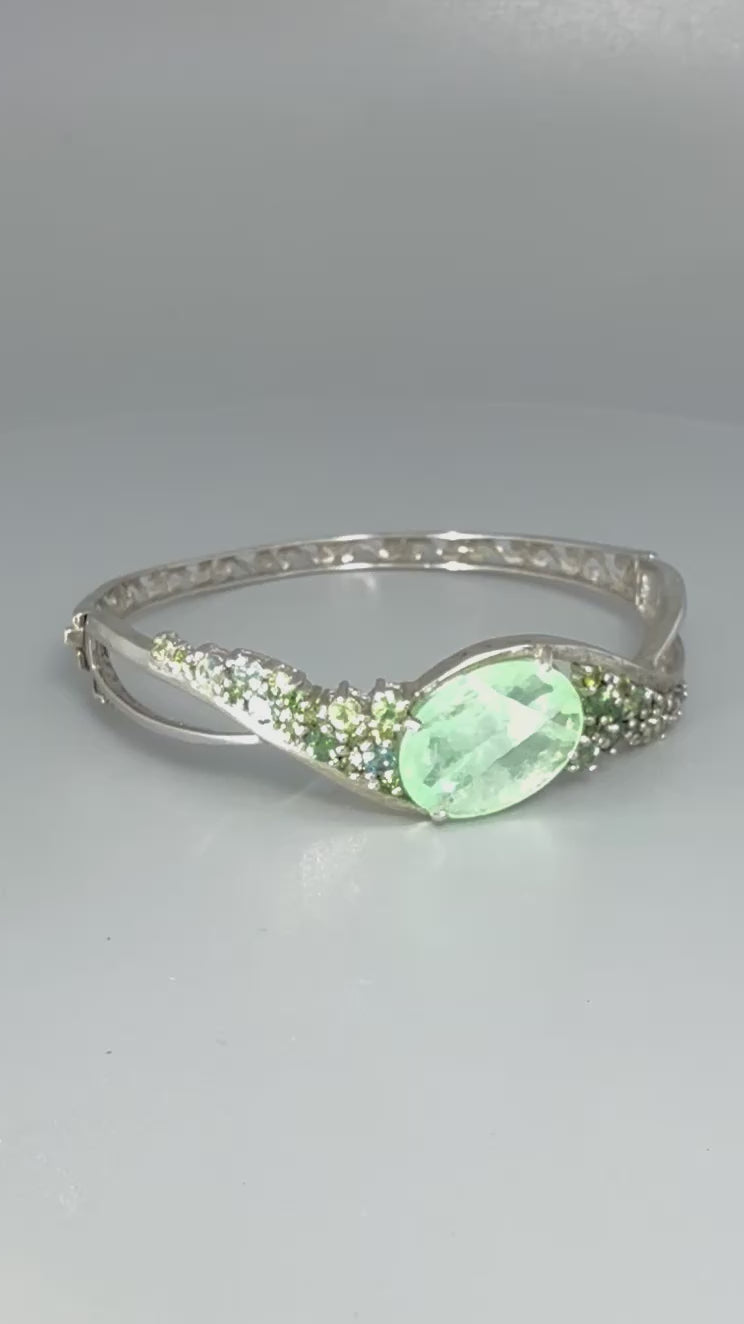 Fluorite and sapphire silver bangle plated in white gold