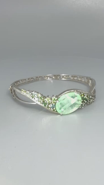 Fluorite and sapphire silver bangle plated in white gold