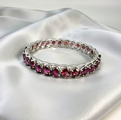 White Gold plated Silver Bangle with Rhodolite